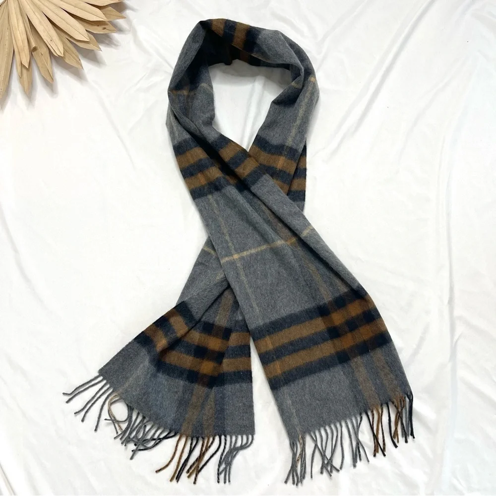 Burberry 100% Cashmere Grey Blue Plaid Nova Check Scotland Stripe Fringe Scarf